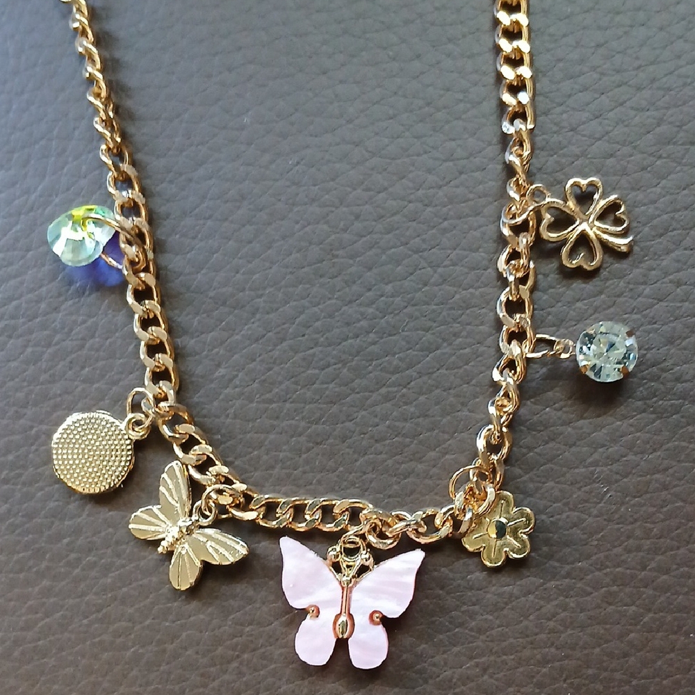 Mint Gold Necklace with Pink Butterfly and Charms - Picture 1 of 6